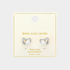 White Gold Dipped Heart Pearl Stud Earrings