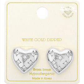 White Gold Dipped CZ Stone Paved Puffy Heart Stud Earrings