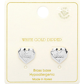 White Gold Dipped LOVE Message CZ Stone Paved Stud Earrings