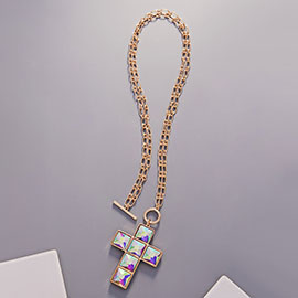 Crystal Stone Cross Pendant Toggle Necklace