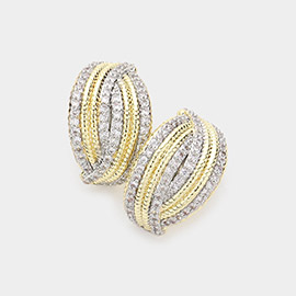 14K Gold Plated CZ Stone Embellished Two Tone Crossover Metal Half Hoop Earrings