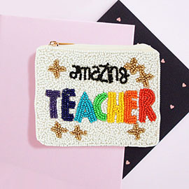 AMAZING TEACHER Message Seed Beaded Mini Pouch Bag