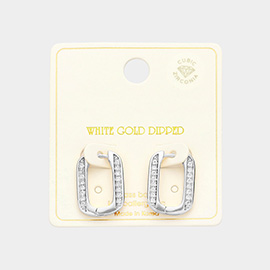 White Gold Dipped CZ Stone Paved Squircle Hoop Earrings