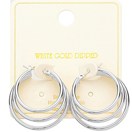 White Gold Dipped Triple Hoop Pin Catch Earrings