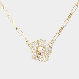 CZ Stone Paved Pearl Flower Pendant Necklace