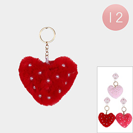 12PCS - Stone Pointed Fuzzy Flush Heart Keychains