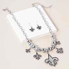 Stone Embellished Fleur de Lis Charm Metal Chain Necklace