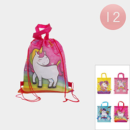 12PCS - Unicorn Printed Drawstring Backpack /  Top Handle Bag