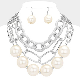 Chunky Pearl Metal Chain Layered Statement Necklace