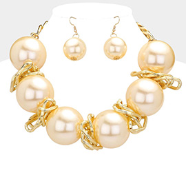 Chunky Pearl Abstract Metal Statement Necklace