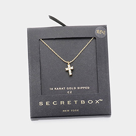 SECRET BOX_14K Gold Dipped CZ Stone Paved Mini Cross Pendant Necklace