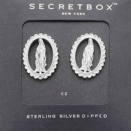 SECRET BOX_Sterling Silver Dipped CZ Stone Paved Virgin Mother Mary Stud Earrings