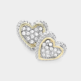 14K Gold Plated Stone Paved Two Tone Heart Stud Earrings