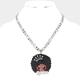 Stone Embellished Queen Message Afro Girl Pendant Necklace