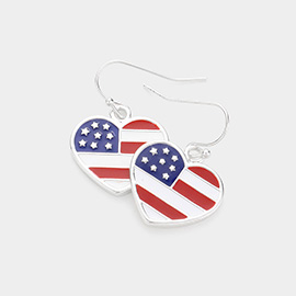 Enamel American USA Flag Heart Dangle Earrings