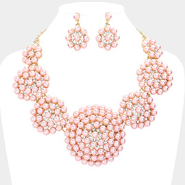 Floral Rhinestone Pearl Cluster Statement Necklace