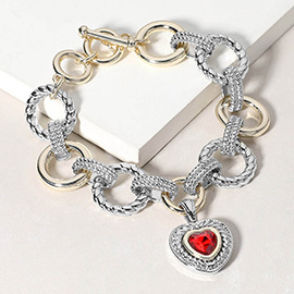 Heart Stone Pointed Charm Two Tone Textured Metal Link Toggle Bracelet