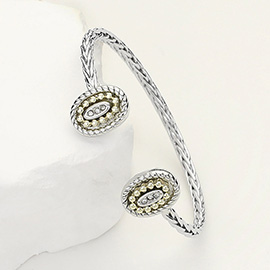 Stone Paved Oval Tip Braided Metal Cuff Bracelet