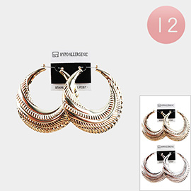 12PAIRS - Textured Metal Pin Catch Hoop Earrings