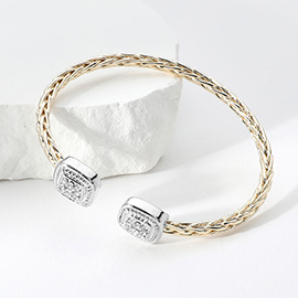 Two Tone Stone Paved Square Tip Cuff Bracelet