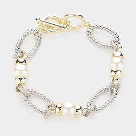 Pearl Pointed Two Tone Textured Metal Link Toggle Bracelet