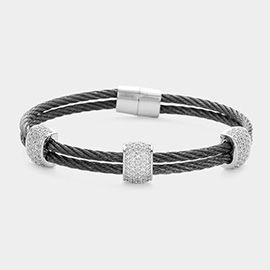 CZ Stone Paved Two Tone Textured Metal Magnetic Bangle Bracelet