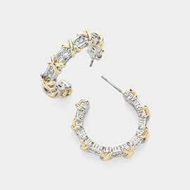 14K Gold Plated CZ Stone Embellished Crisscross Hoop Earrings