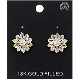 18K Gold Filled Round CZ Stone Pointed Flower Stud Earrings