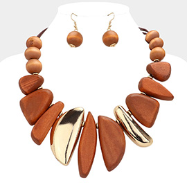 Abstract Wood Metal Bib Necklace