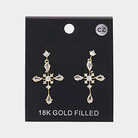18K Gold Filled CZ Stone Cross Pendant Dangle Earrings