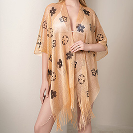 Flower Patterned Sheer Tassel Cover Up Kimono Poncho