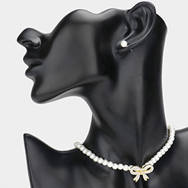 Stone Paved Bow Pendant Pointed Pearl Necklace