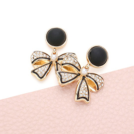 Pearl Pointed Stone Paved Bow Dangle Earrings