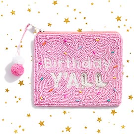 BIRTHDAY Y\'ALL Message Sequin Seed Beaded Pom Pom Mini Pouch Bag