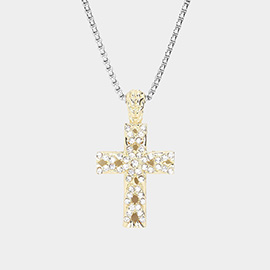 14K Gold Plated Two Tone Stone Embellished Cross Pendant Long Necklace