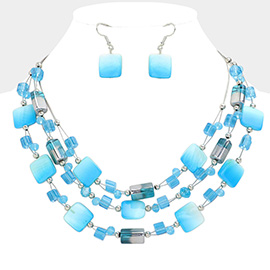 Marbled Square Bead Accented Triple Layered Bib Necklace