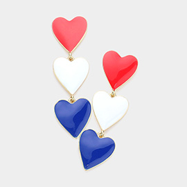 American USA Colored Triple Enamel Heart Link Dangle Earrings