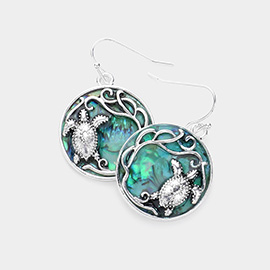 Turtle Accented Abalone Round Dangle Earrings