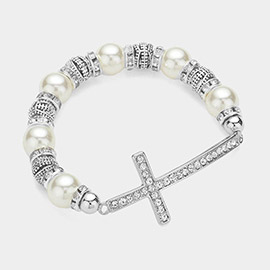 Stone Paved Cross Pointed Pearl Stretch Bracelet