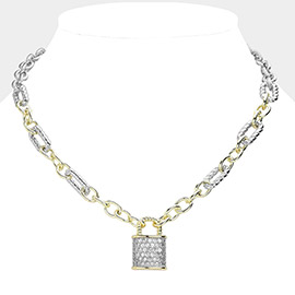 14K Gold Plated CZ Paved Lock Pendant Two Tone Chain Necklace