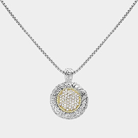 14K Gold Plated Two Tone Stone Paved Round Pendant Necklace