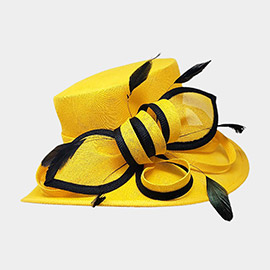 Bow Feather Accented Sinamay Dressy Hat
