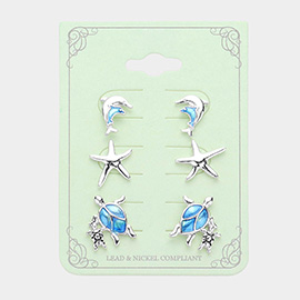 3PAIRS - Dolphin Starfish Sea Turtle Stud Earrings Set