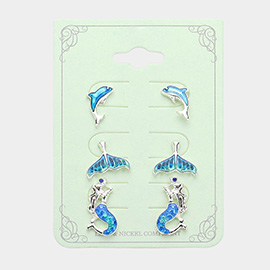 3PAIRS - Dolphin Whale Tai Mermaid Stud Earrings Set