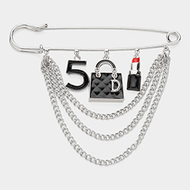 Number Five Hand Bag Lipstick Pendant Accented Chain Layered Pin Brooch