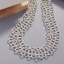 Textured Metal O Ring Link Triple Layered Necklace