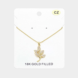 18K Gold Filled CZ Stone Paved Leaf Pendant Necklace