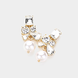 Stone Cluster Pearl Dangle Evening Earrings