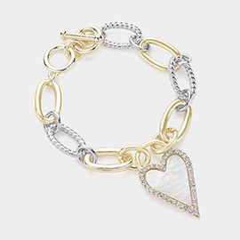 Mother Of Pearl Heart Charm Pointed 14K Gold Plated Two Tone Metal Link Toggle Bracelet