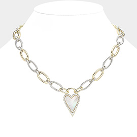 Mother Of Pearl Heart Pendant 14K Gold Plated Two Tone Chain Link Toggle Necklace